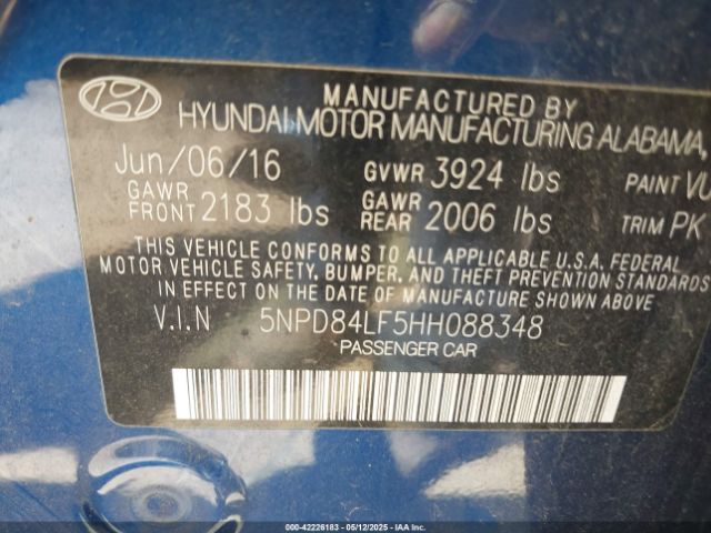 5NPD84LF5HH088348 Hyundai ELANTRA SE