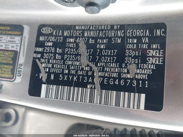 5XYKT3A67EG467311 KIA SORENTO LX