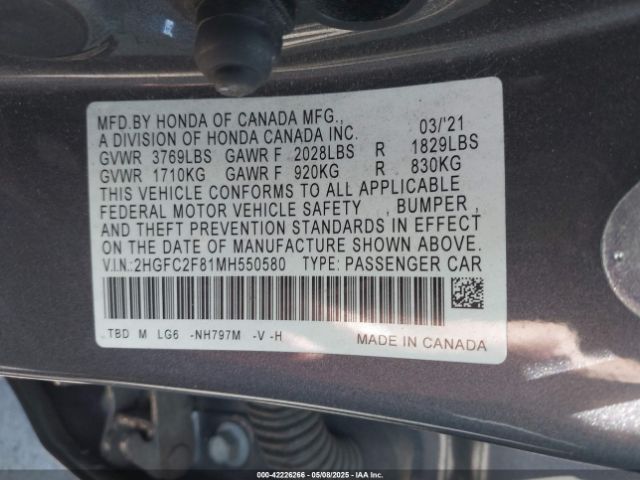 2HGFC2F81MH550580 Honda Civic Sport