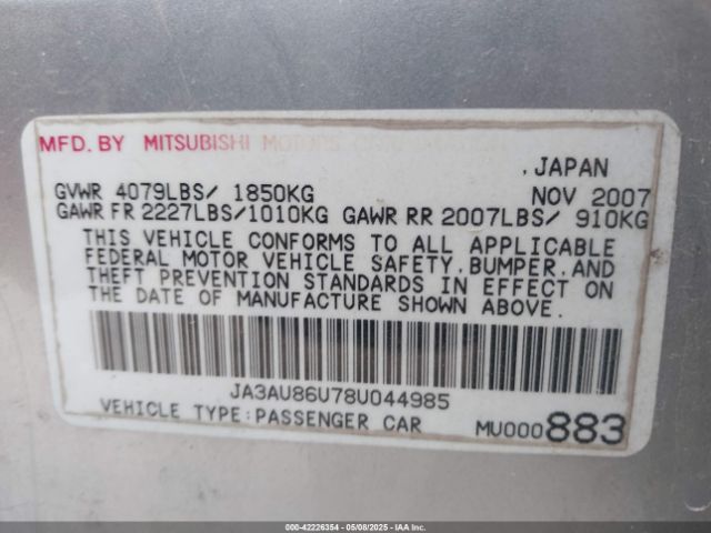 2008 MITSUBISHI LANCER JA3AU86U78U044985 Photo 8