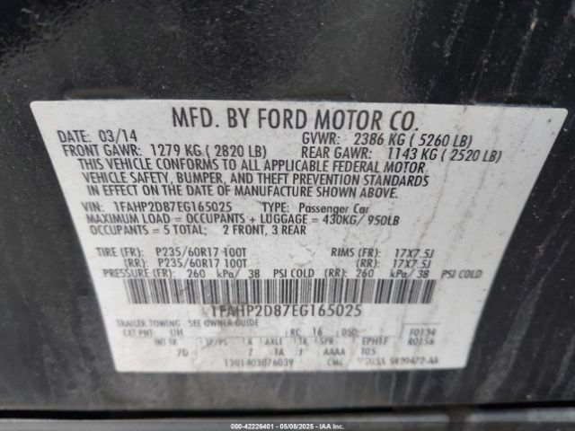 1FAHP2D87EG165025 Ford TAURUS SE
