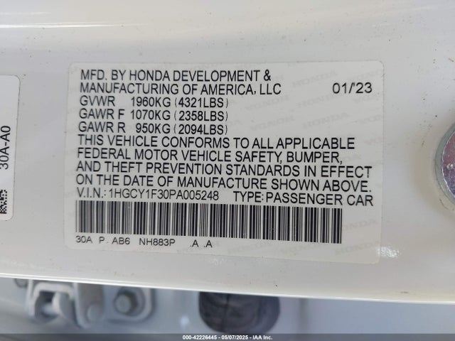 1HGCY1F30PA005248 Honda ACCORD EX