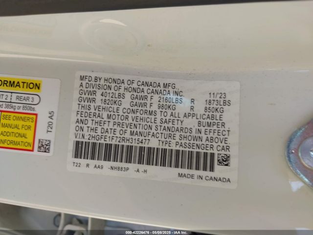 2024 HONDA CIVIC 2HGFE1F72RH315477 Photo 8