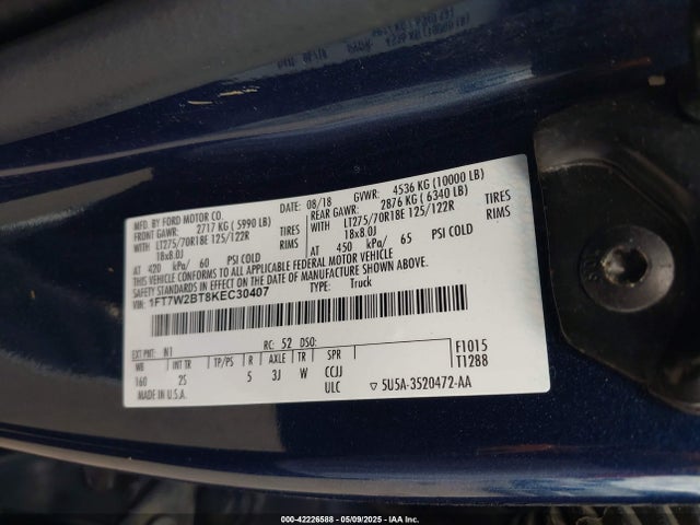 1FT7W2BT8KEC30407 Ford F-250 Xlt