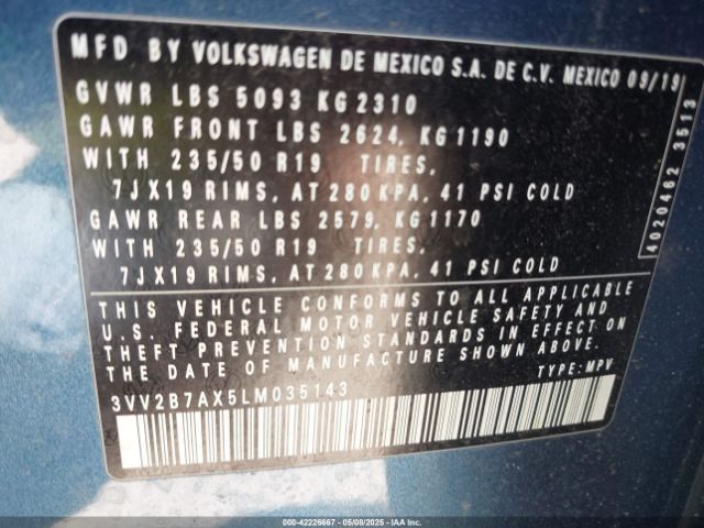 3VV2B7AX5LM035143 Volkswagen Tiguan 2.0t Se/2.0t Se R-line Black/2.0t Sel
