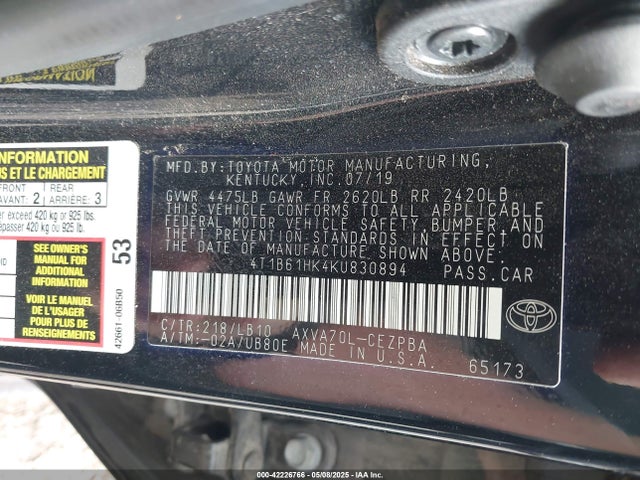 4T1B61HK4KU830894 Toyota a25a-fks