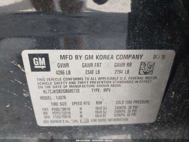 KL7CJKSB2GB685733 Chevrolet Trax 1ls
