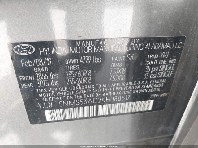 5NMS53AD2KH088517 Hyundai Santa Fe Limited