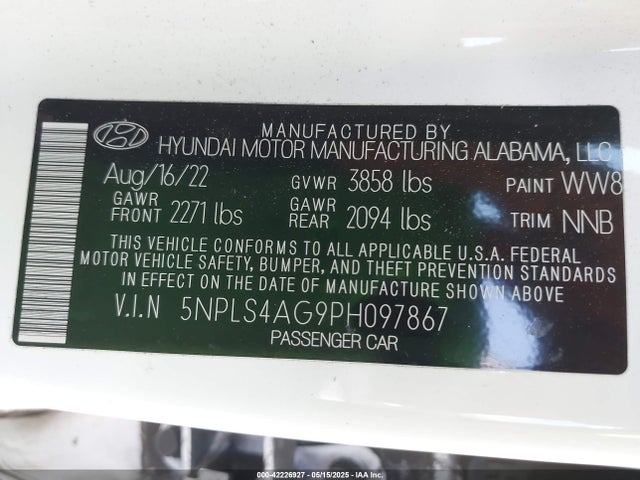 5NPLS4AG9PH097867 Hyundai mpi nu pe