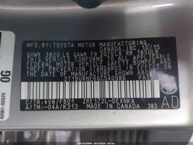 2T1BURHE6GC540986 Toyota COROLLA LE