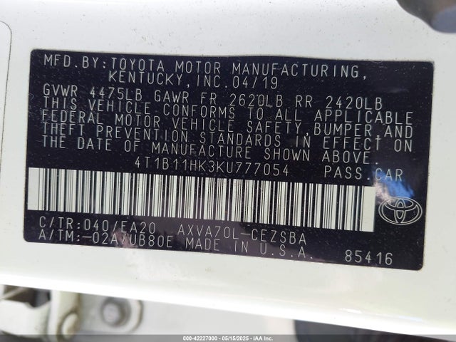 4T1B11HK3KU777054 Toyota CAMRY SE