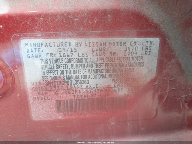 Nissan Versa Note S (sr)/s Plus/sl/sr/sv 2016 3N1CE2CP0GL358363 Image 9