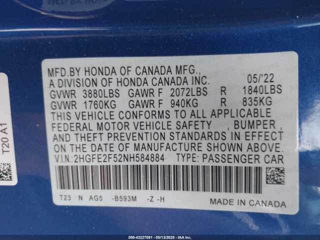 2022 HONDA CIVIC 2HGFE2F52NH584884 Photo 8