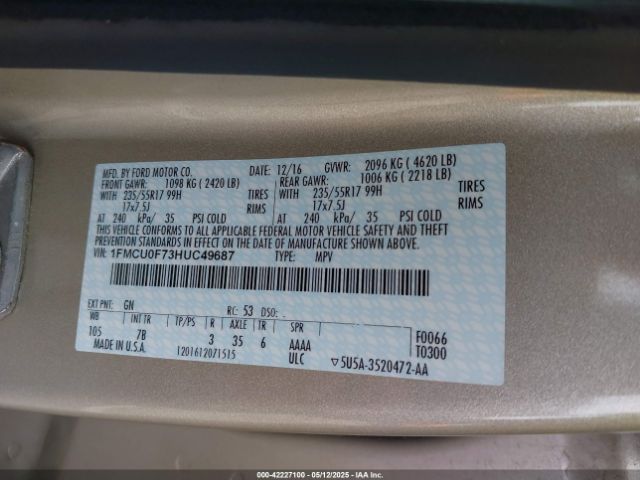1FMCU0F73HUC49687 Ford ESCAPE S