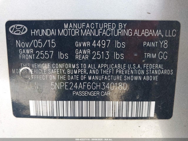 5NPE24AF6GH340180 Hyundai SONATA SE