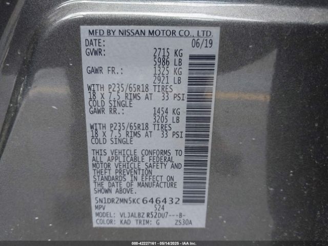 5N1DR2MN5KC646432 Nissan Pathfinder S