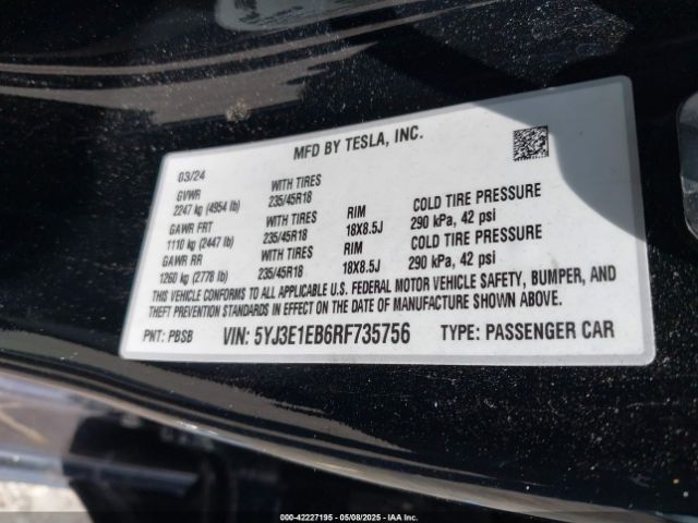 5YJ3E1EB6RF735756 Tesla Model 3 Long Range Dual Motor All-wheel Drive