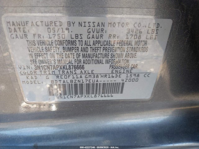 3N1CN7APXKL876666 Nissan Versa 1.6 Sv