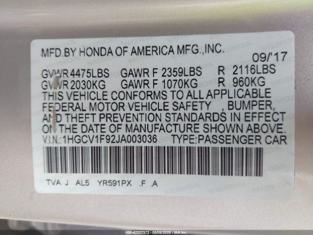 1HGCV1F92JA003036 Honda Accord Touring