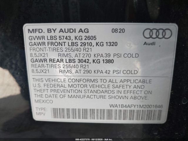 WA1B4AFY1M2001646 Audi Sq5 Premium Plus Tfsi Quattro Tiptronic