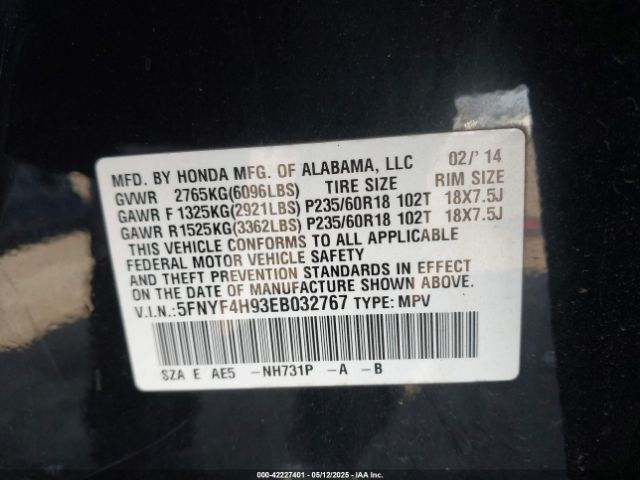 5FNYF4H93EB032767 Honda Pilot Touring