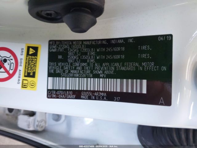 5TDJZRFH8KS597118 Toyota Highlander Xle