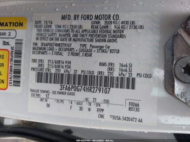 3FA6P0G74HR279107 Ford FUSION S