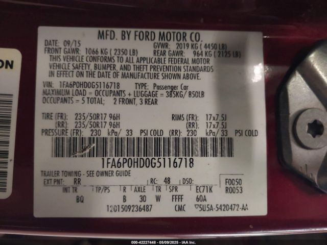 1FA6P0HD0G5116718 Ford FUSION SE