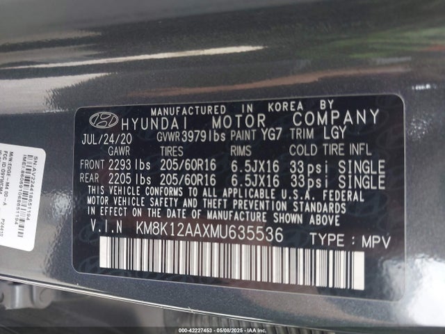 KM8K12AAXMU635536 Hyundai mpi nu