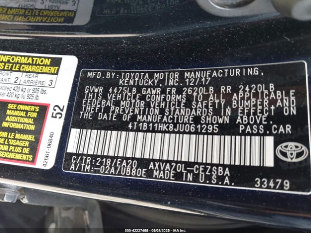 4T1B11HK8JU061295 Toyota CAMRY SE
