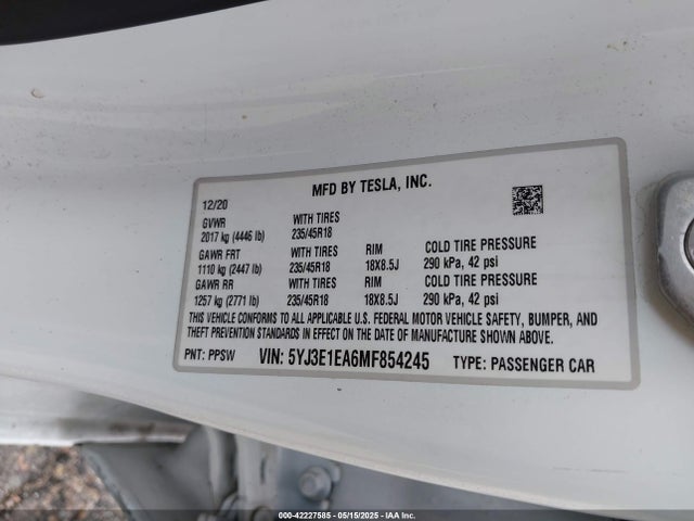 Tesla Model 3 Standard Range Plus Rear-wheel Drive 2021 5YJ3E1EA6MF854245 Image 9