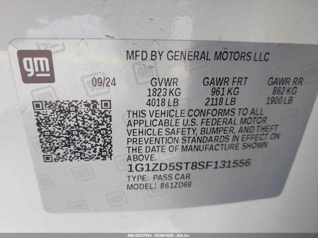 1G1ZD5ST8SF131556 Chevrolet Malibu Fwd 1lt