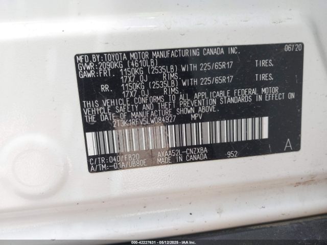 2T3K1RFV5LW084927 Toyota a25a-fks