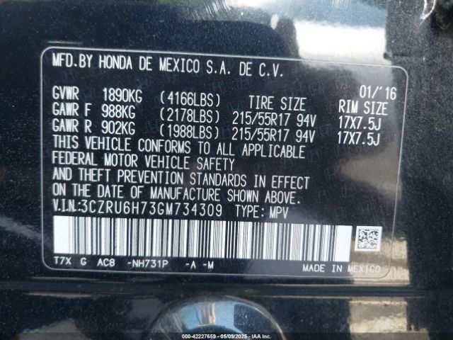 3CZRU6H73GM734309 Honda Hr-v Ex-l