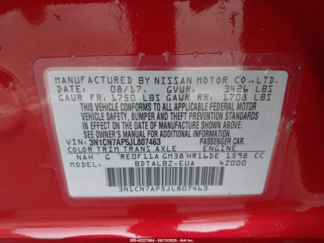 3N1CN7AP5JL807463 Nissan Versa 1.6 Sv
