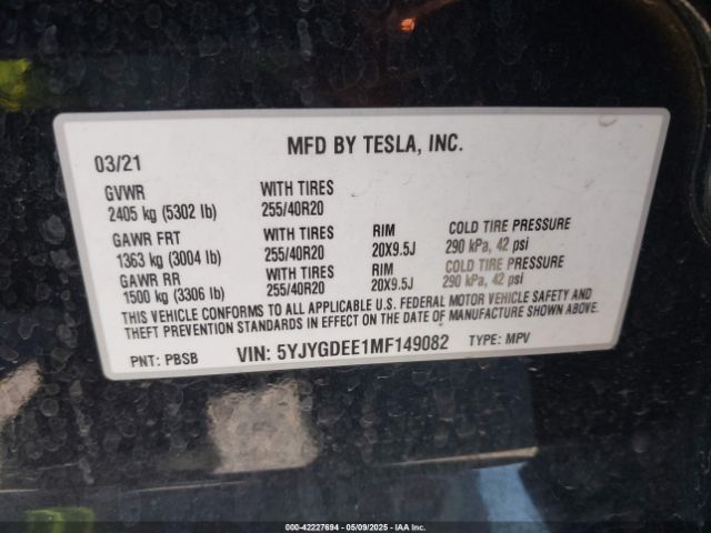 2021 TESLA MODEL Y 5YJYGDEE1MF149082 Photo 8