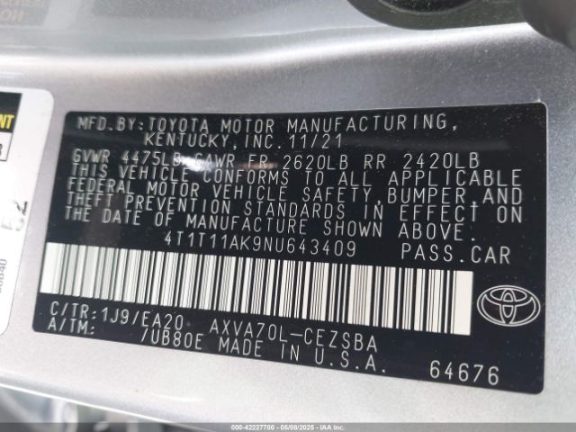 4T1T11AK9NU643409 Toyota CAMRY SE