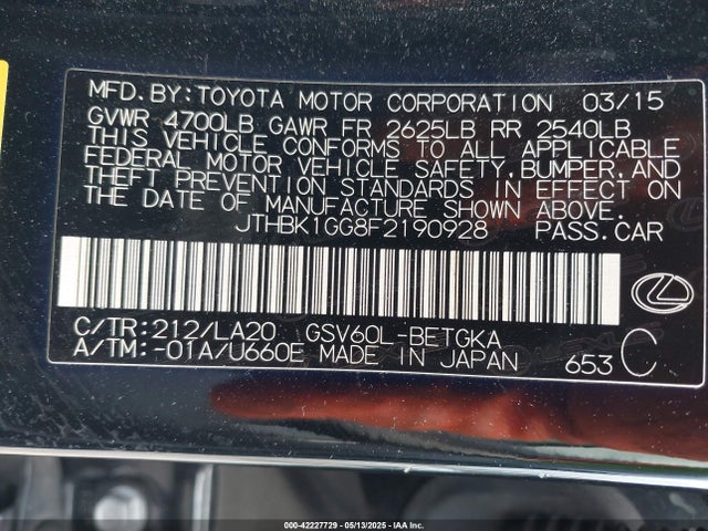 Lexus 2gr-fe 2015 JTHBK1GG8F2190928 Image 9