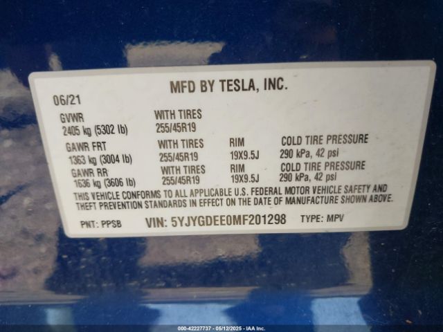 2021 TESLA MODEL Y 5YJYGDEE0MF201298 Photo 8