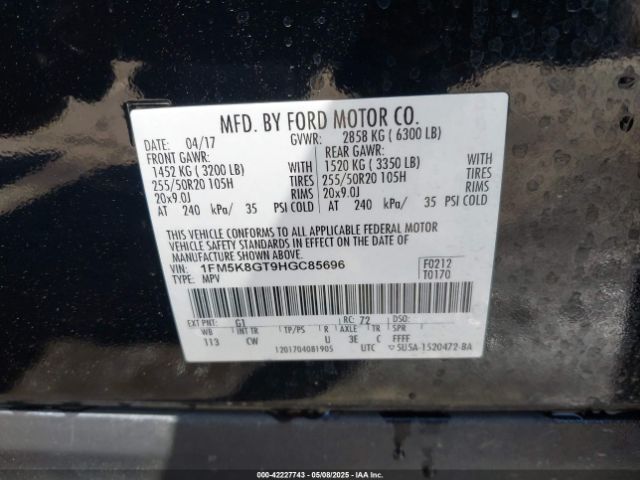 1FM5K8GT9HGC85696 Ford EXPLORER SPORT
