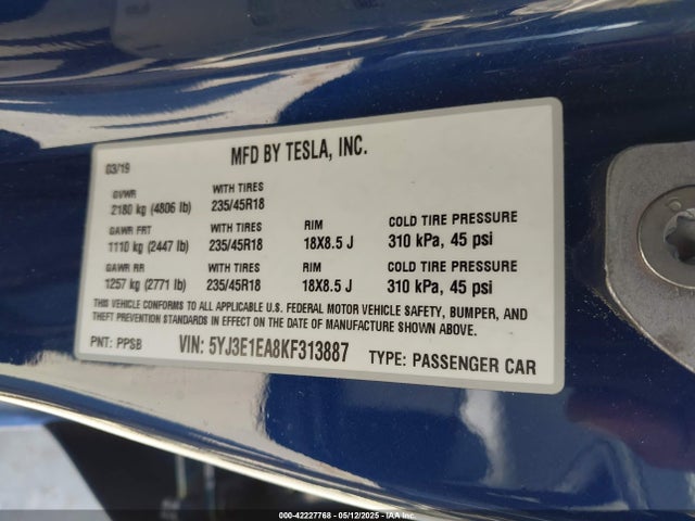 2019 TESLA MODEL 3 5YJ3E1EA8KF313887 Photo 8