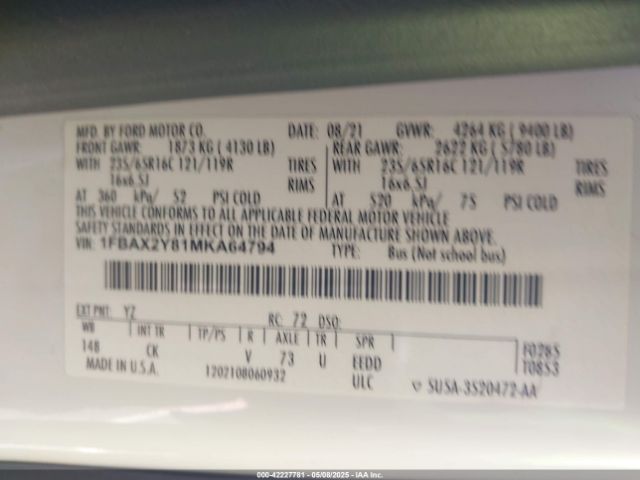 1FBAX2Y81MKA64794 Ford Transit-350 Passenger Van Xlt