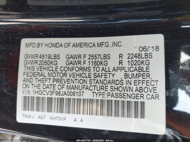 1HGCV3F98JA008107 Honda Accord Hybrid Touring