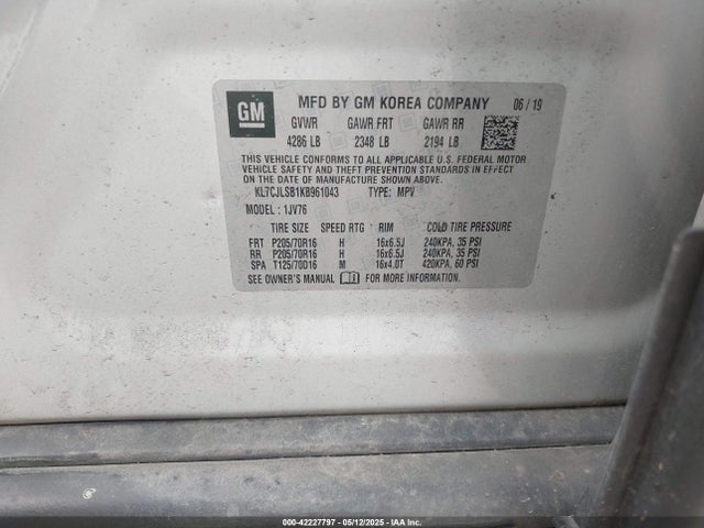 KL7CJLSB1KB961043 Chevrolet Trax Lt