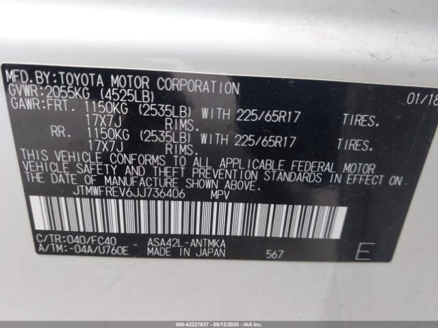 JTMWFREV6JJ736406 Toyota Rav4 Xle
