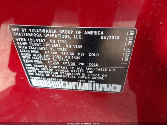 1V2RR2CA7JC566118 Volkswagen Atlas 3.6l V6 Sel