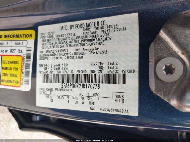 3FA6P0G72JR170778 Ford FUSION S