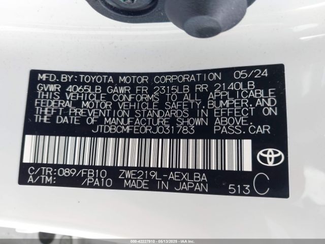 JTDBCMFE0RJ031783 Toyota Corolla Hybrid Le