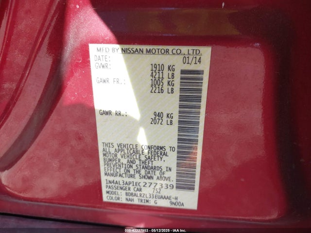 42227953 :رقم المزاد ، 1N4AL3AP1EC277339 vin ، 2014 Nissan Altima 2.5 S مزاد بيع