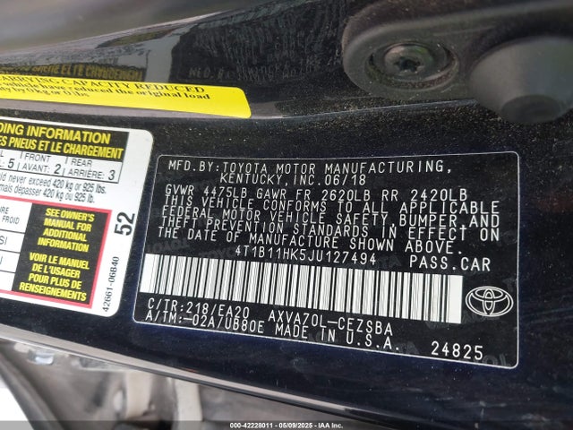4T1B11HK5JU127494 Toyota CAMRY SE